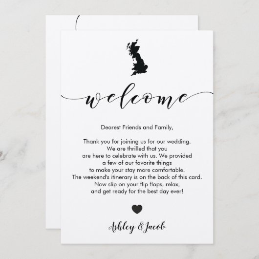 Groot-Brittannië bruiloft welkomstbrief en reissch Programmakaart (Voorkant / Achterkant)