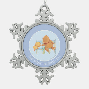 Groot bruin Beer helpt kleine gele Beer Tin Sneeuwvlok Ornament