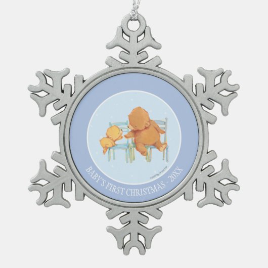 Groot bruin Beer helpt kleine gele Beer Tin Sneeuwvlok Ornament (Voorkant)