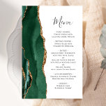 Groot budget smaragd groen goud agaat bruiloft<br><div class="desc">De linkerrand van dit elegante moderne trouwmenu bevat een smaragdgroene waterverf aan de rand van de afgrond die is afgesneden met faux goudglitter. De aanpasbare tekst combineert whimsical charcoal grijs handschrift script en copperplate fonts op een witte achtergrond. De achterzijde is voorzien van een bijbehorend,  groen en goudvormig ontwerp.</div>