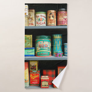 Groot collectie kleurrijke blikken met display badhanddoek