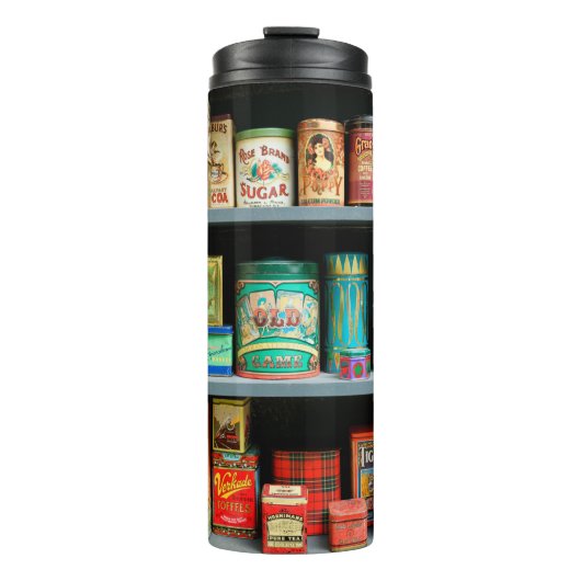 Groot collectie kleurrijke blikken met display thermosbeker (Voorkant)