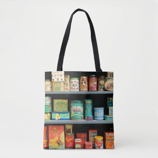 Groot collectie kleurrijke blikken met display tote bag (Voorkant)