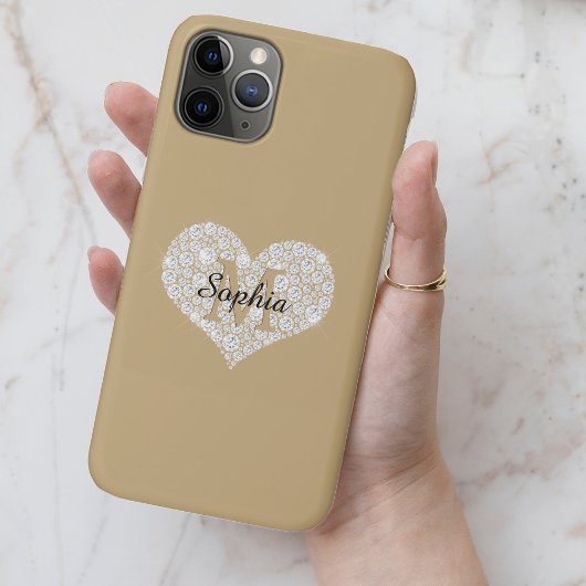 Groot diamanten hart, gouden monogram, script-naam Case-Mate iPhone case