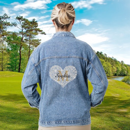 Groot diamanten hart, gouden monogram, script-naam denim jacket