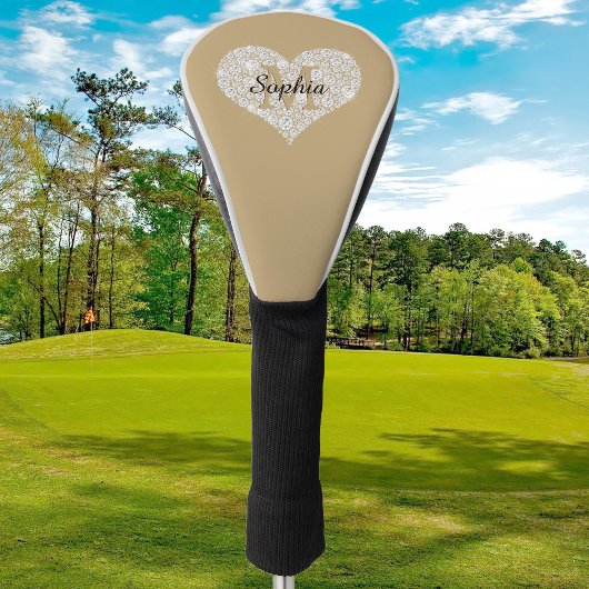 Groot diamanten hart, gouden monogram, script-naam golfheadcover