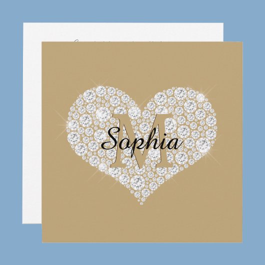 Groot Diamanten Hart, Gouden Monogram, Script Naam Kaart
