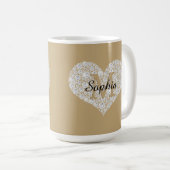 Groot diamanten hart, gouden monogram, script-naam koffiemok (Voorkant rechts)