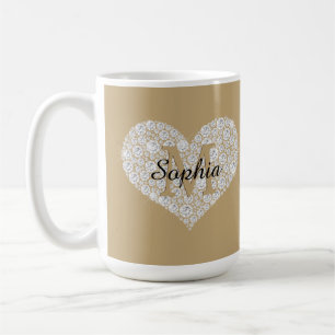 Groot diamanten hart, gouden monogram, script-naam koffiemok