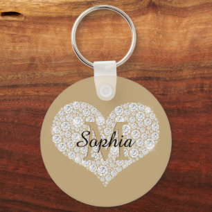 Groot diamanten hart, gouden monogram, script-naam sleutelhanger