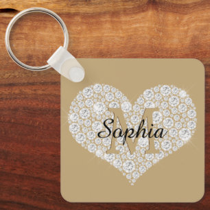 Groot diamanten hart, gouden monogram, script-naam sleutelhanger