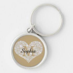 Groot diamanten hart, gouden monogram, script-naam sleutelhanger