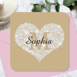 Groot diamanten hart, gouden monogram, script-naam vierkante sticker