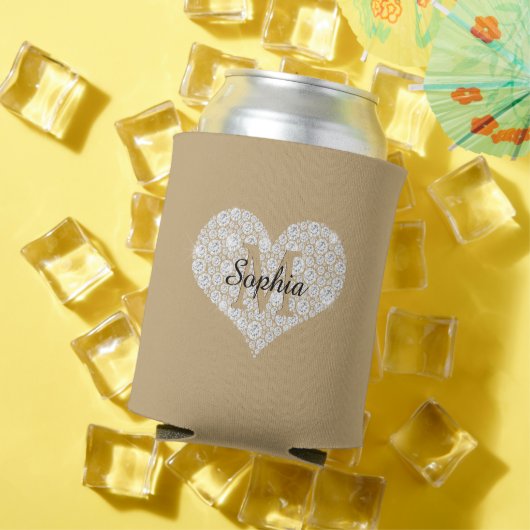 Groot diamanten hart, gouden monogram, scriptnaam blikjeskoeler (Insitu Zomer)
