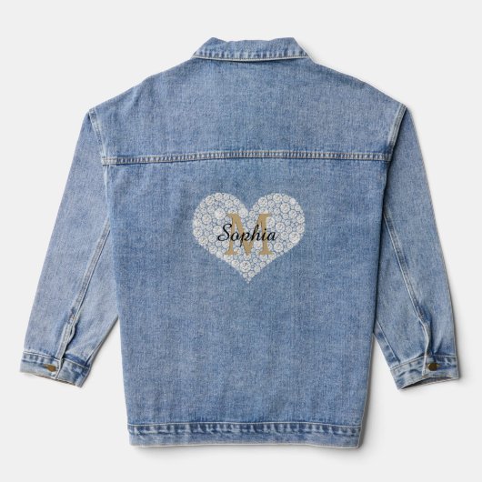 Groot diamanten hart, gouden monogram, scriptnaam denim jacket (Achterkant)