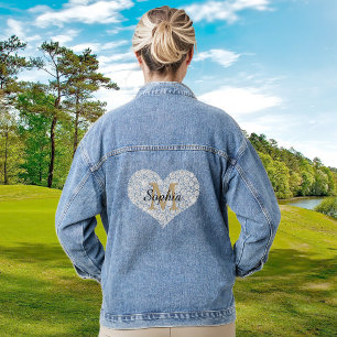 Groot diamanten hart, gouden monogram, scriptnaam denim jacket