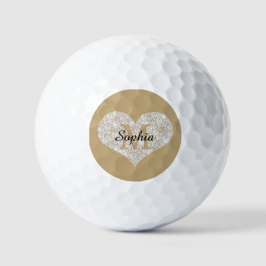 Groot diamanten hart, gouden monogram, scriptnaam golfballen (Voorkant)
