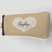 Groot diamanten hart, gouden monogram, scriptnaam golfheadcover (Voorkant)