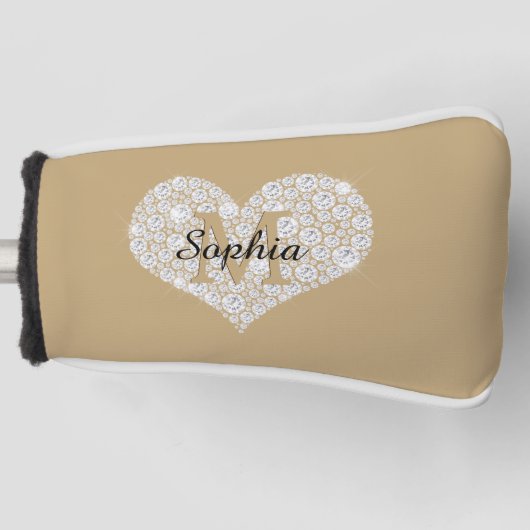 Groot diamanten hart, gouden monogram, scriptnaam golfheadcover (Voorkant)