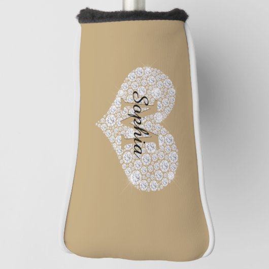 Groot diamanten hart, gouden monogram, scriptnaam golfheadcover (Draai 90)