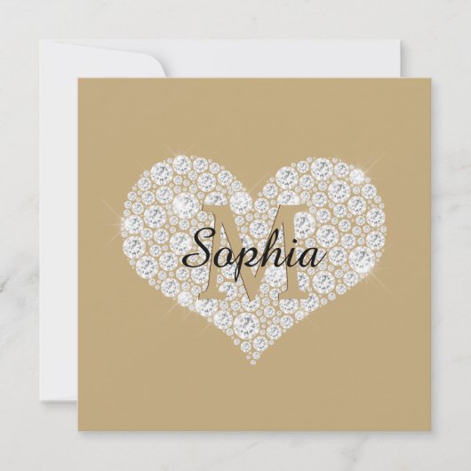 Groot diamanten hart, gouden monogram, scriptnaam kaart (Voorkant)