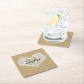 Groot diamanten hart, gouden monogram, scriptnaam kartonnen onderzetters (Insitu)