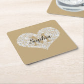 Groot diamanten hart, gouden monogram, scriptnaam kartonnen onderzetters (Schuin)