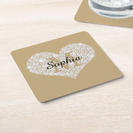Groot diamanten hart, gouden monogram, scriptnaam kartonnen onderzetters (Schuin)
