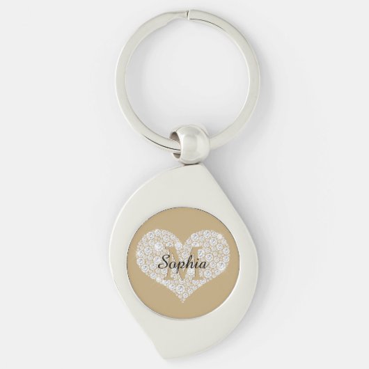 Groot diamanten hart, gouden monogram, scriptnaam sleutelhanger (Voorkant)