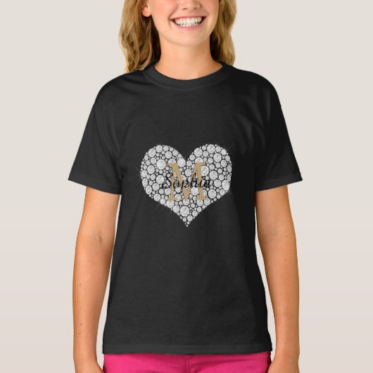 Groot diamanten hart, gouden monogram, scriptnaam t-shirt (Voorkant)