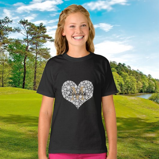 Groot diamanten hart, gouden monogram, scriptnaam t-shirt