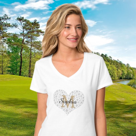 Groot diamanten hart, gouden monogram, scriptnaam t-shirt