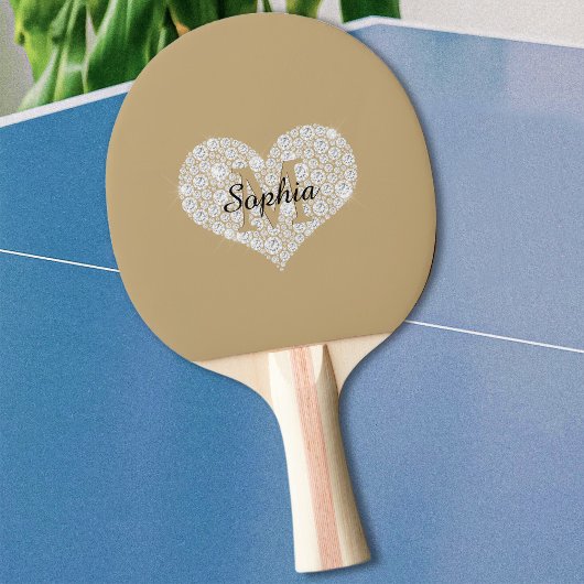 Groot diamanten hart, gouden monogram, scriptnaam tafeltennisbatje