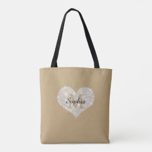 Groot diamanten hart, gouden monogram, scriptnaam tote bag