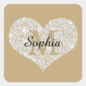 Groot diamanten hart, gouden monogram, scriptnaam vierkante sticker (Voorkant)