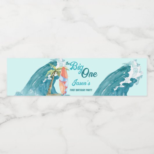 Groot één surfstrand verjaardagsfeestje gepersonal waterfles etiket (Enkel label)