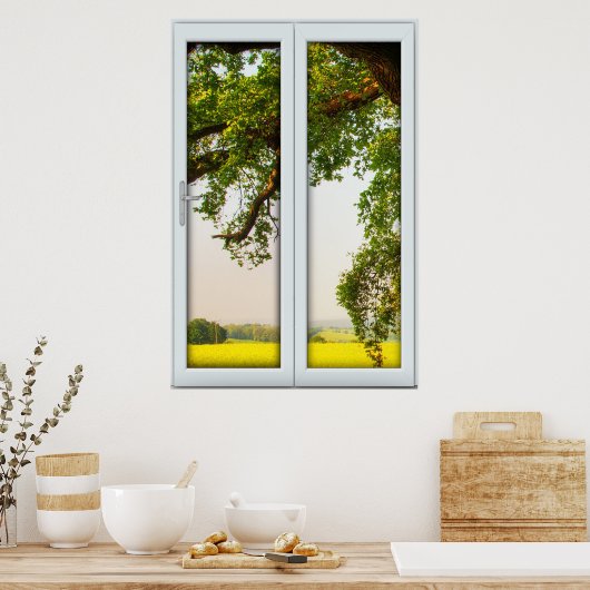 Groot eikenvenster met een Uitzicht illusie Poster (Keuken)