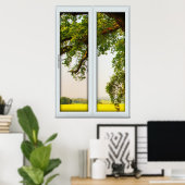 Groot eikenvenster met een Uitzicht illusie Poster (Thuiskantoor)