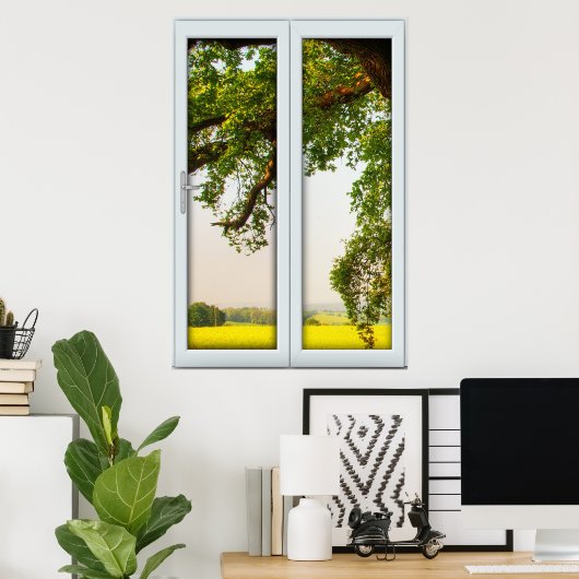 Groot eikenvenster met een Uitzicht illusie Poster (Thuiskantoor)