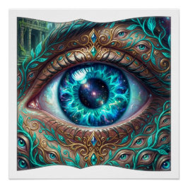 Groot elektrisch blauw oog in fantasie scène perfect poster