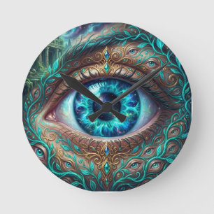 Groot elektrisch blauw oog in fantasie scène ronde klok