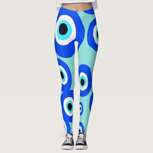 Groot Evil Eye Lucky Charm Blauw Wit Patroon Leggings (Voorkant)
