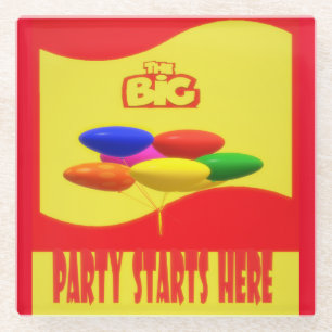 GROOT FEESTTHEMA MET WOORDEN KLEUREN ROOD GEEL GLAZEN ONDERZETTER