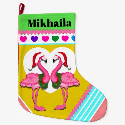 Groot fleece flamingo kerst kous grote kerstsok (Voorkant)