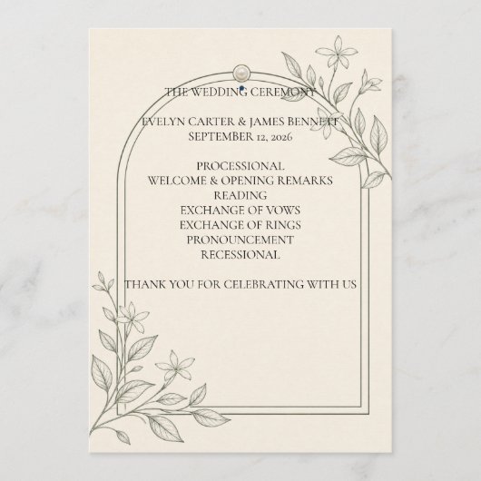 Groot formaat olijf botanisch huwelijksprogramma 5 programmakaart (Voorkant)