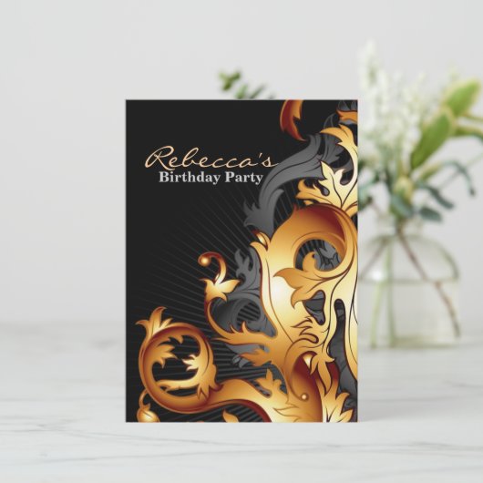 groot gatsby abstract bloeiend zwart en goudblad kaart (Staand voorkant)