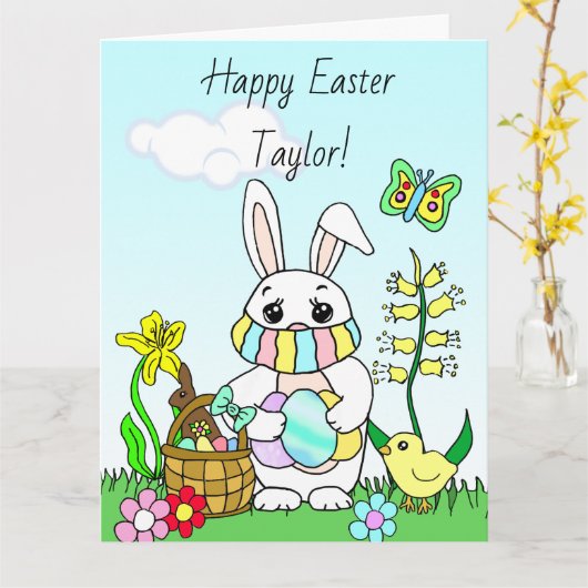 Groot Gelukkig Pasen, Konijn met Mondkapje op Maat Kaart (Gele Bloem)