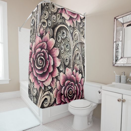 Groot  Gotisch Roze Bloempatroon Douchegordijn (In situ)