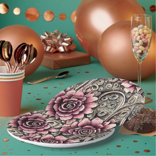 Groot  Gotisch Roze Bloempatroon Papieren Bordje (Multi)