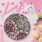Groot  Gotisch Roze Bloempatroon Papieren Bordje (Feest)